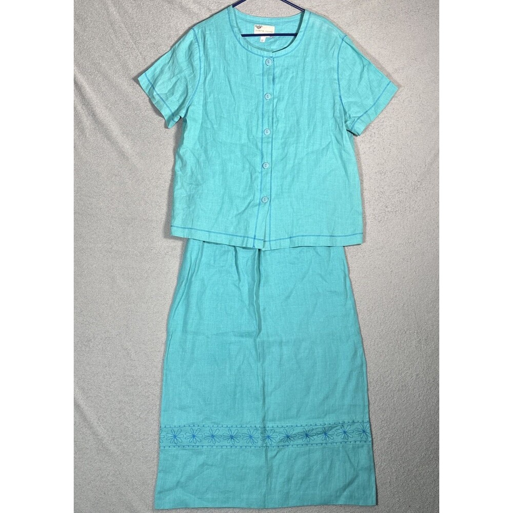 Earth Song Skirt Set Womens Size 12 Teal Linen Blend Gauze Boho Hippie Lagenlook